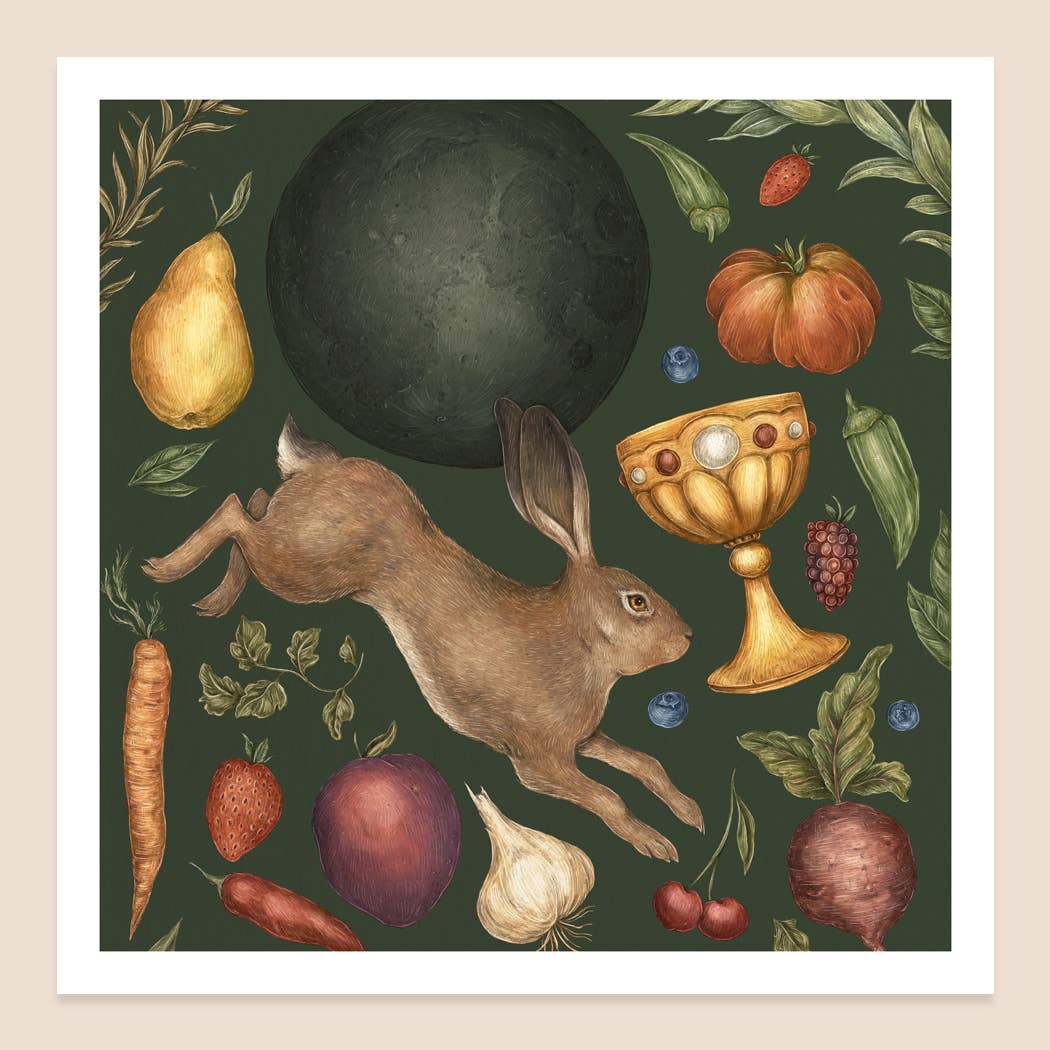 Rabbit and New Moon Art Print by Jessica Roux