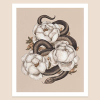 Snake and Peonies Art Print by Jessica Roux