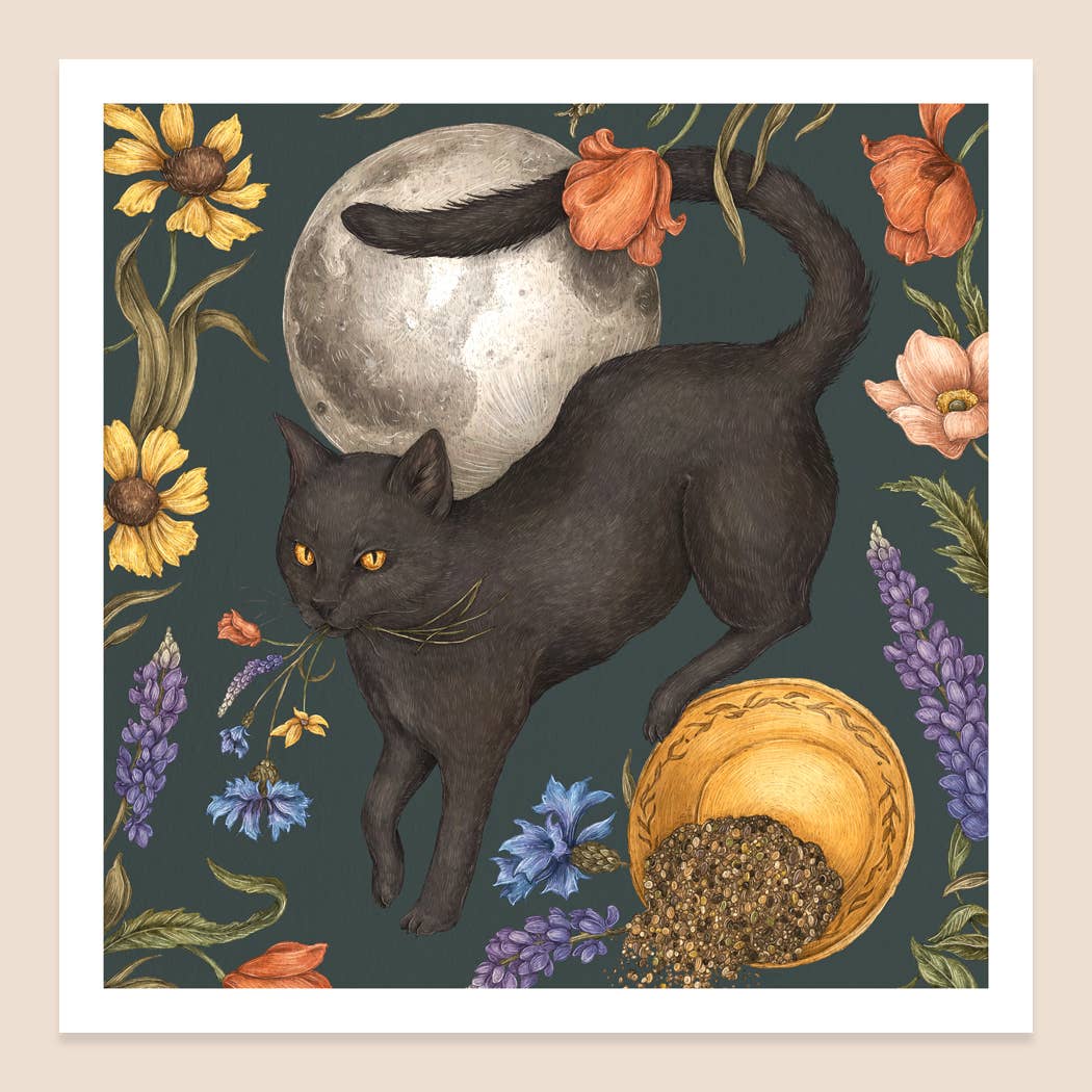 Black Cat and Full Moon Art Print by Jessica Roux