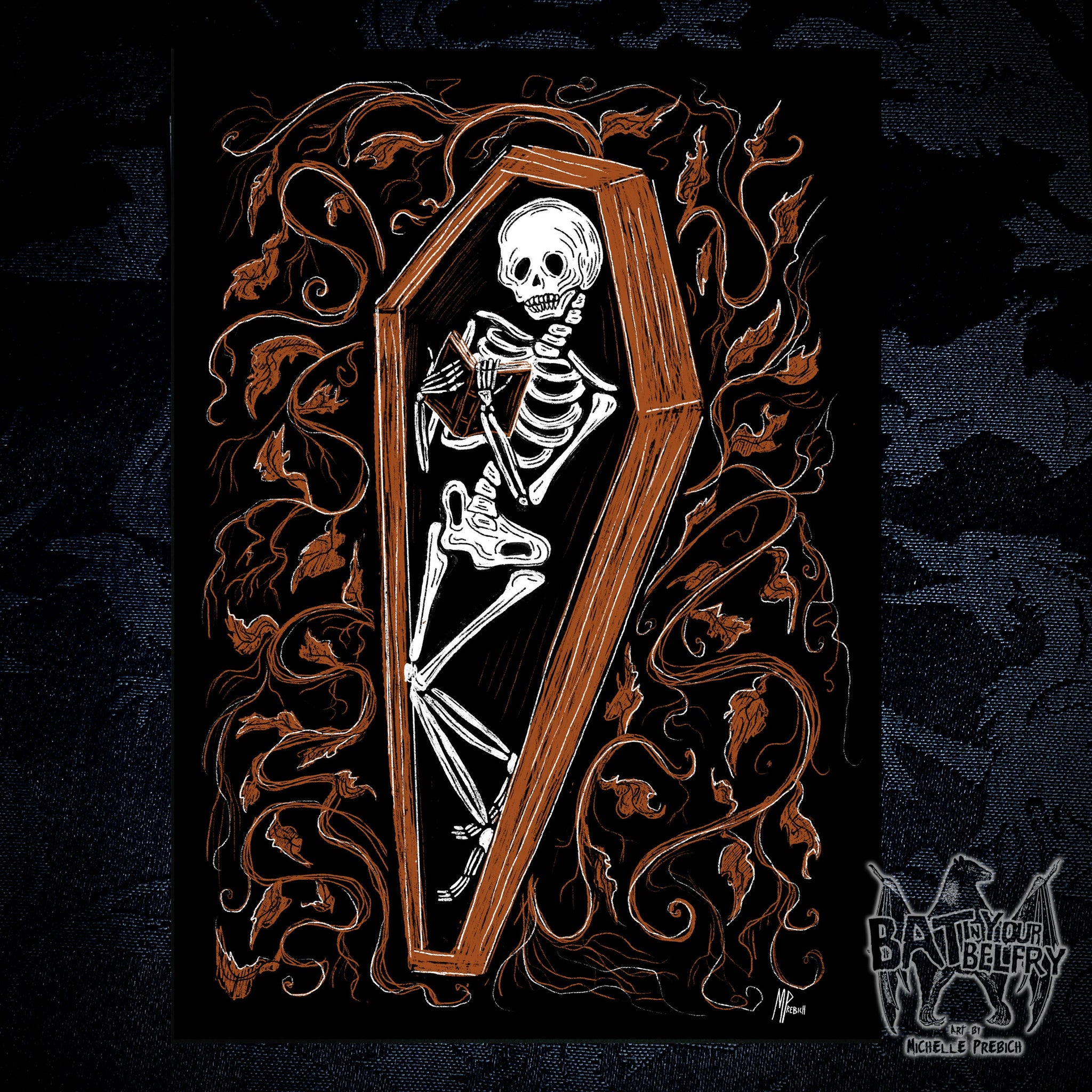 Skeleton Reading Orange Art Print by Bat In Your Belfry