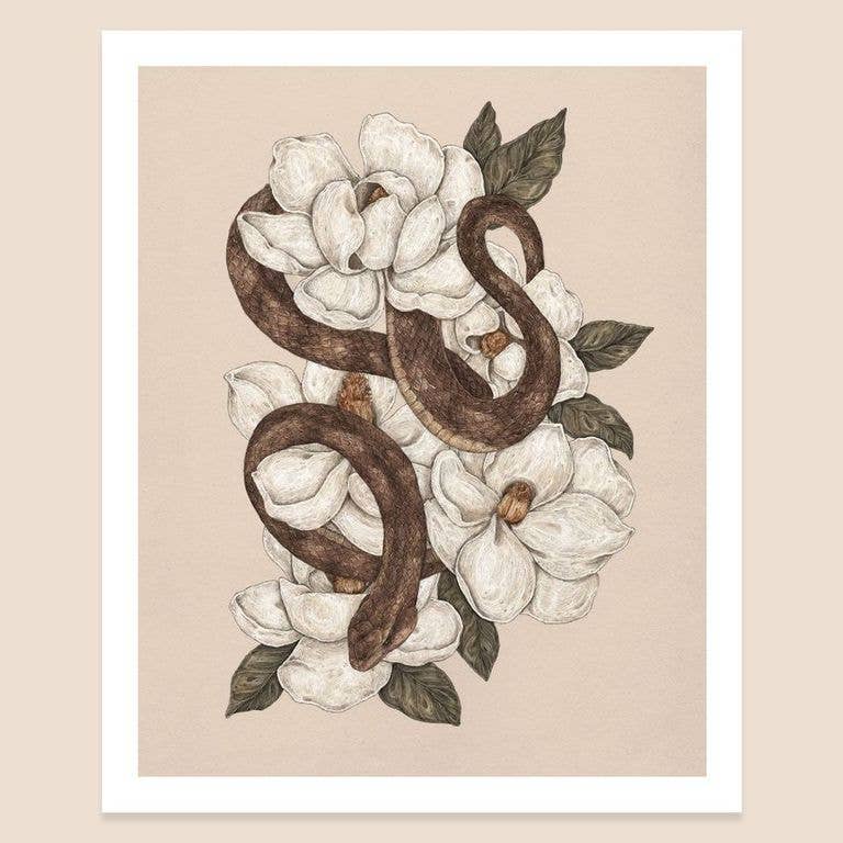 Snake and Magnolias Art Print by Jessica Roux