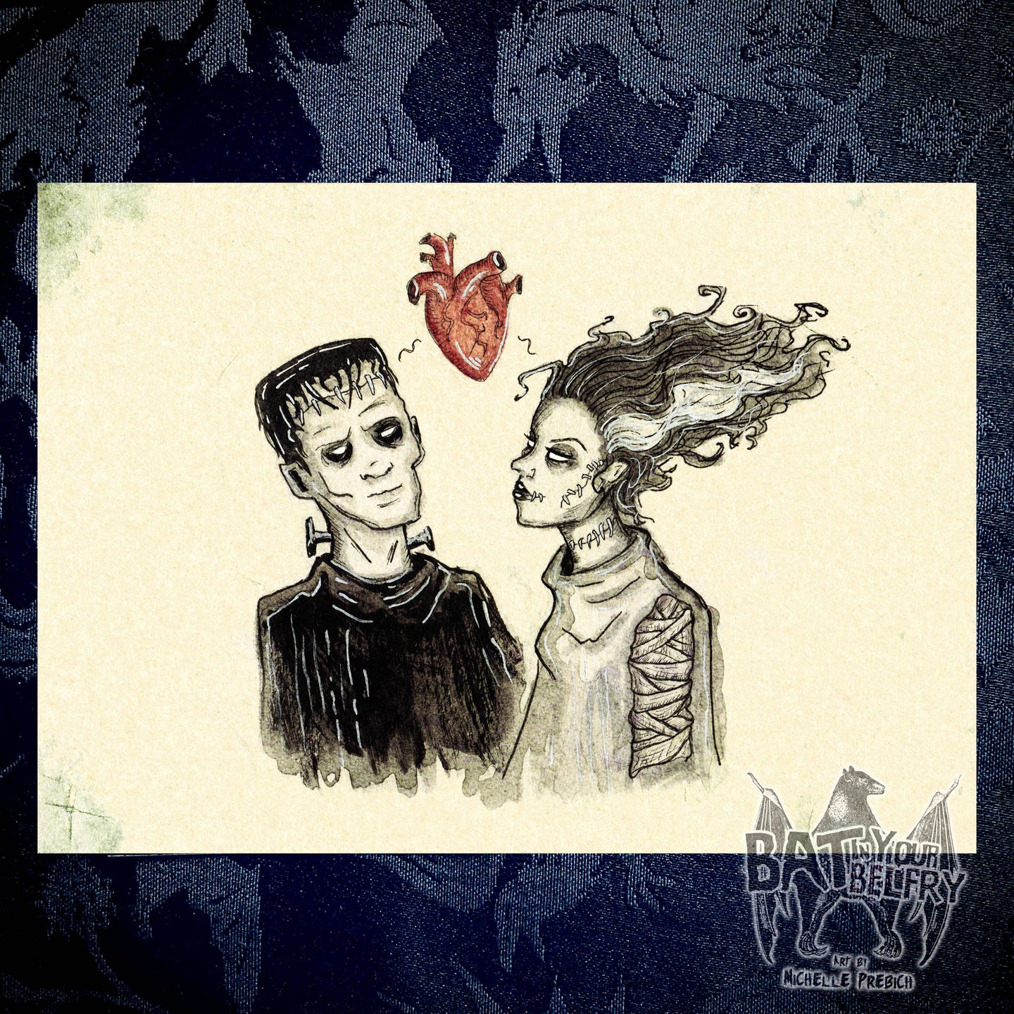 Frankenstein's Monster and Bride of Frankenstein Art Print by Bat In Your Belfry