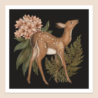 Deer, Fern, Rhododendron Art Print by Jessica Roux