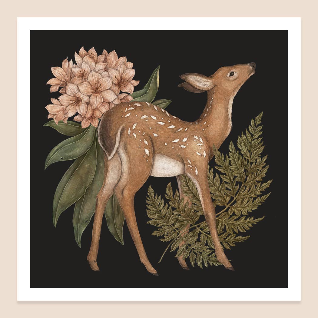 Deer, Fern, Rhododendron Art Print by Jessica Roux
