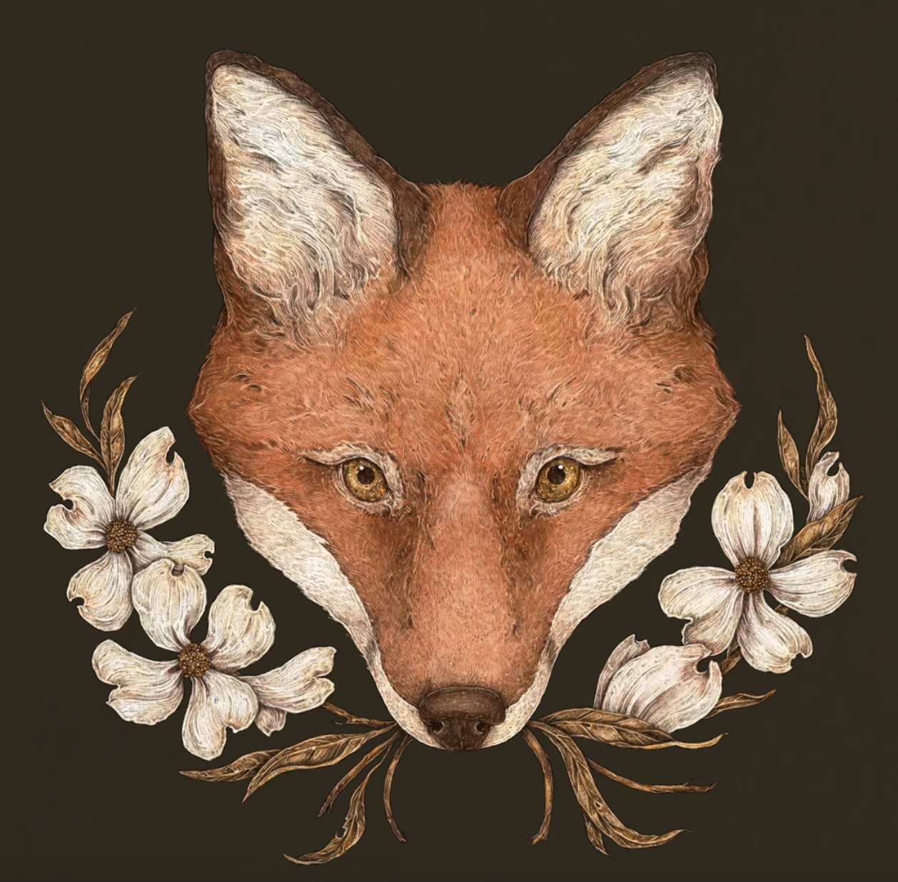 The Fox and Dogwoods Art Print by Jessica Roux